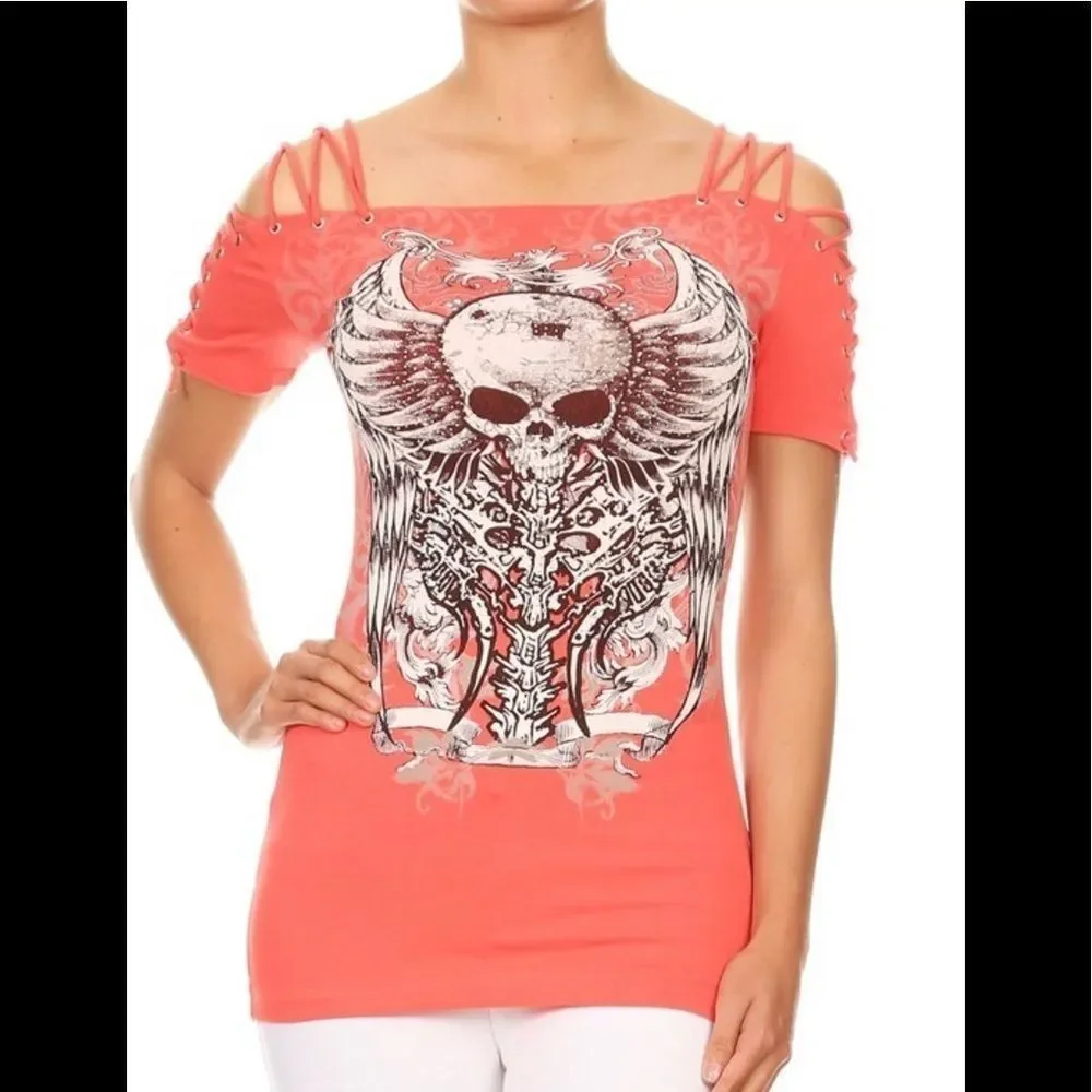 Eyelet Strappy Rhinestone Skull Top Black NWT - Picture 4 of 5